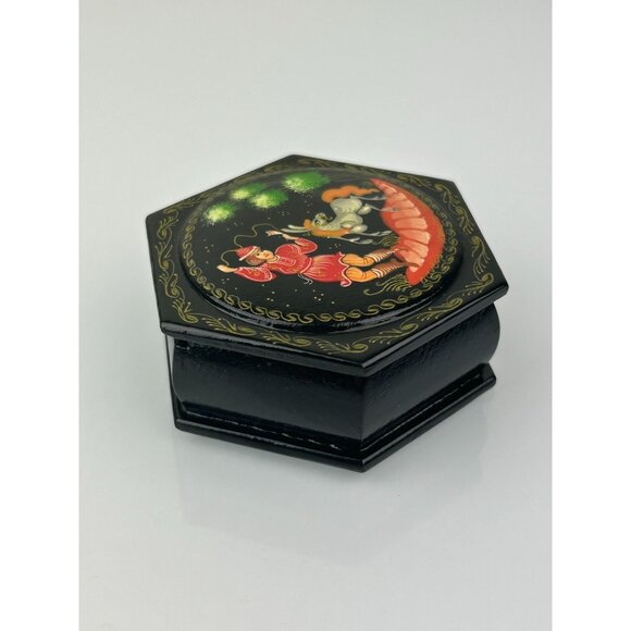 Artist Signed Russian Black Lacquer Trinket Box Hexagon Boy Donkey Pony READ - Picture 6 of 15